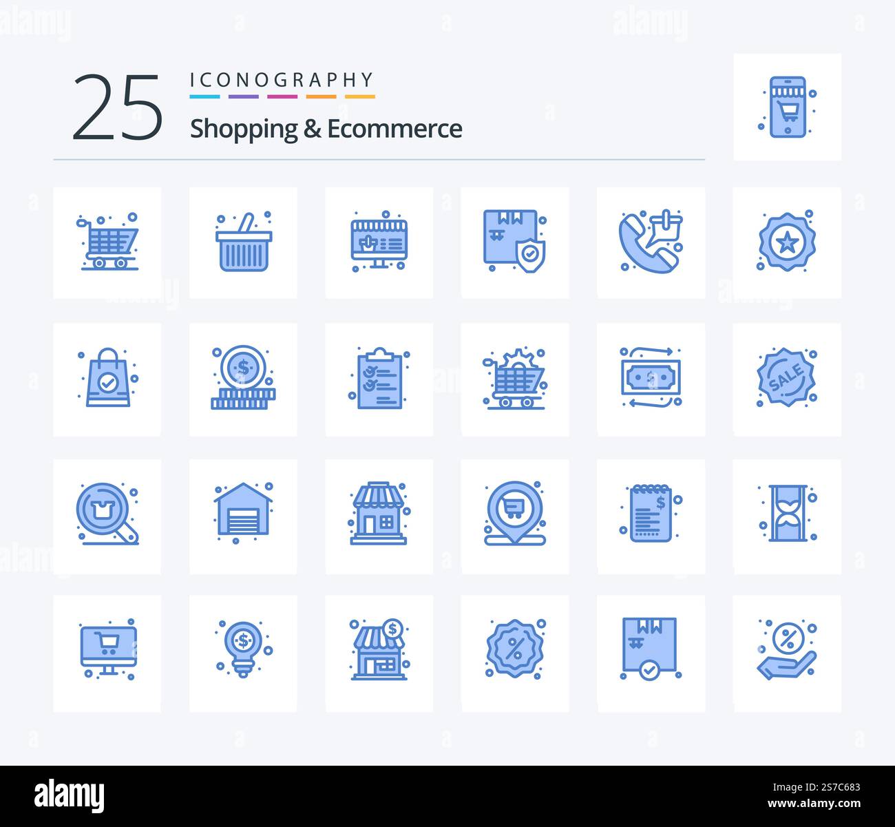 Shopping & E-Commerce 25 Blue Color Icon Pack inklusive STAR. Dienstmarke. Feld. Einkaufen. Telefon Stock Vektor