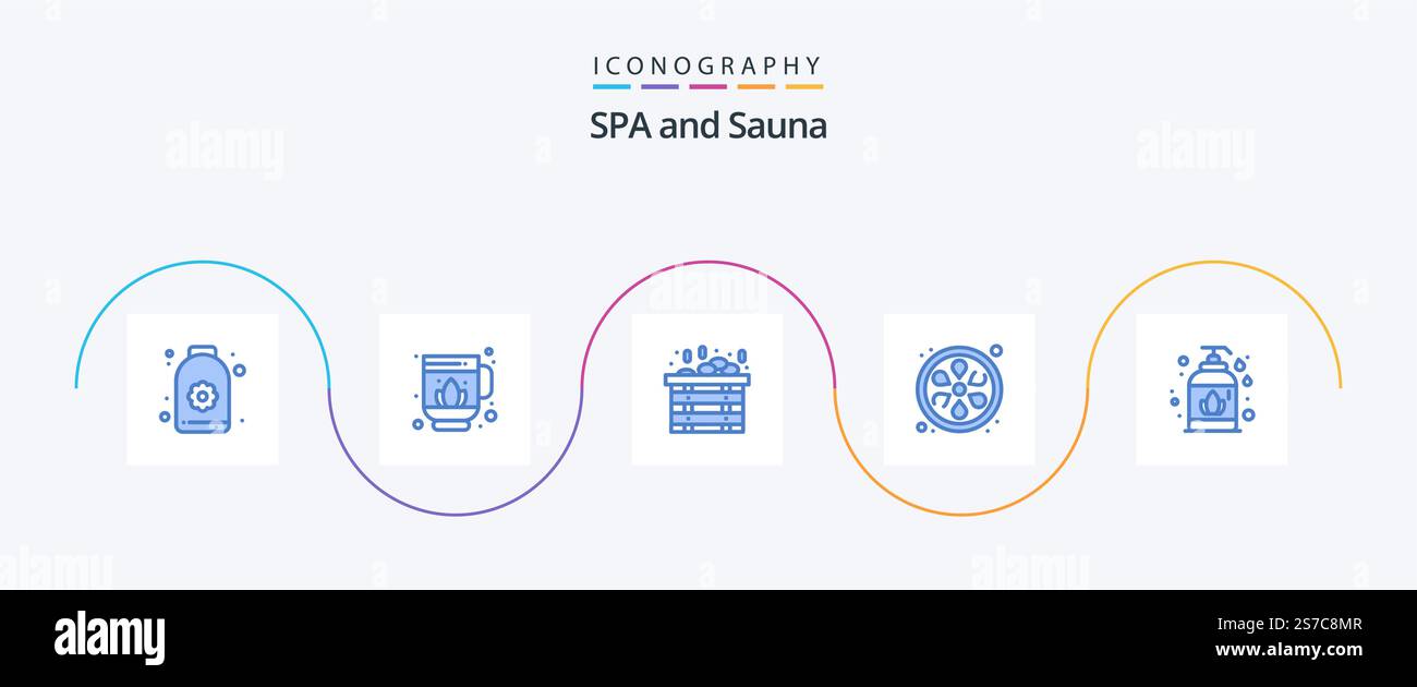 Sauna Blue 5 Icon Pack Inklusive . Seife. Sauna. Flüssigseife. lotus Stock Vektor