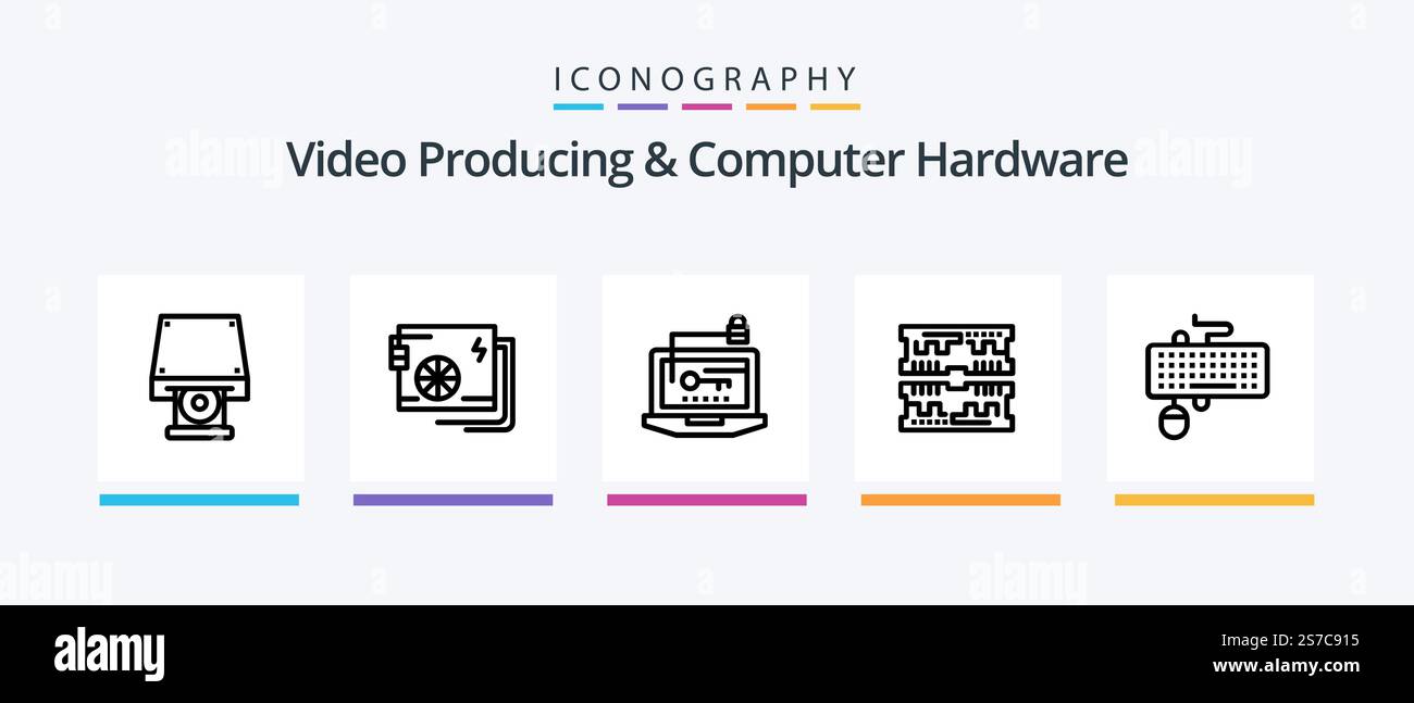 Videoproduktion und Computer-Hardware Line 5 Symbolpaket einschließlich Computer. Installieren Sie. atx. Fahrer. Wolke. Kreatives Symboldesign Stock Vektor