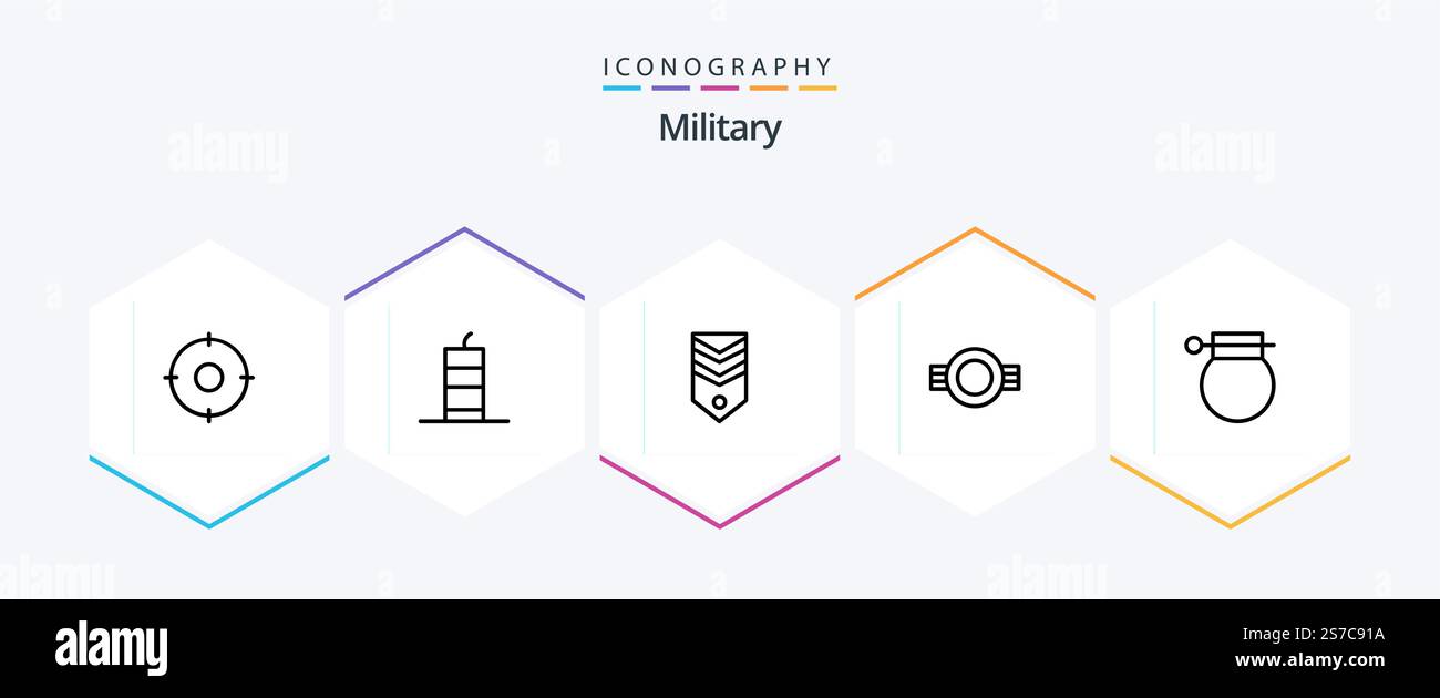 Militärisches 25-Line Icon Pack mit einfarbigem Design. Abzeichen. Terrorismus. Klasse. Streifen Stock Vektor Militärisches 25-Line Icon Pack mit einfarbigem Design. Abzeichen. Terrorismus. Klasse. Streifen Stock Vektor
