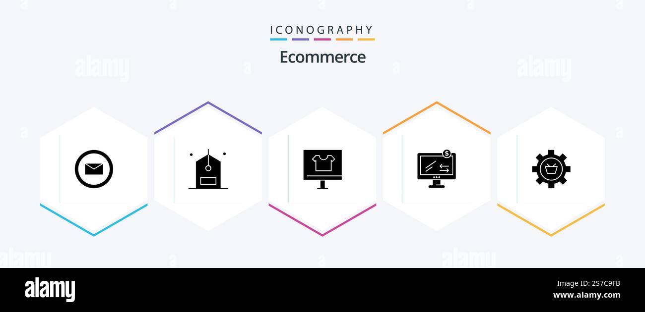 E-Commerce 25 Glyph-Symbolpaket einschließlich Warenkorb. e-commerce. Bekleidung. Überwachen. E Stock Vektor