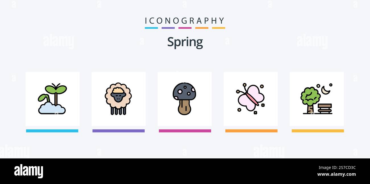 Spring Line Filled 5 Icon Pack inklusive Natur. Frühling. Ein Tier. Datum. Kalender. Kreatives Symboldesign Stock Vektor