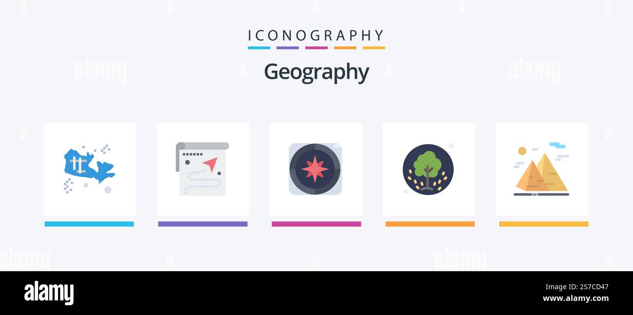 Geo Graphy Flat 5 Icon Pack inklusive Sommer. Samen. Position. Baum. Navigation. Kreatives Symboldesign Stock Vektor