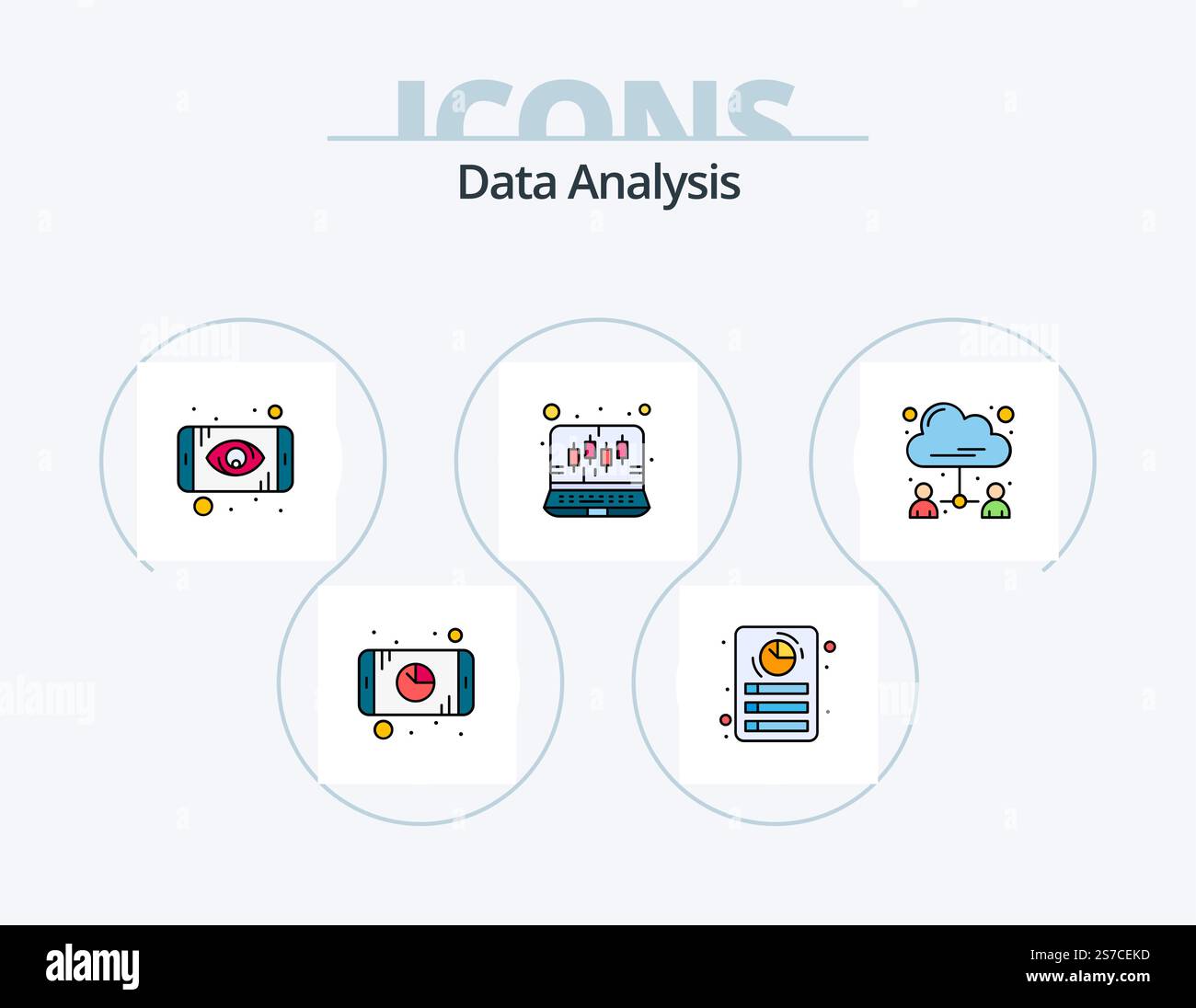Datenanalyse Mit Gefüllten Linien Symbolpaket 5 Symboldesign. Etikett. Konzentrier dich. Diagramm. Bericht. Bewertungsstern Stock Vektor