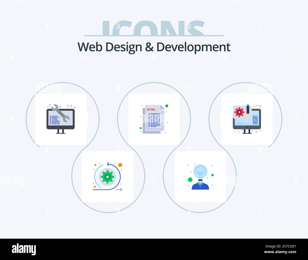 Webdesign Und -Entwicklung Flat Icon Pack 5 Icon Design. Design. Web. Software. html. Kodierung Stock Vektor