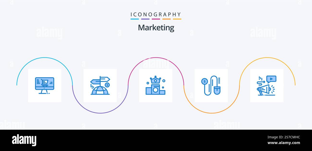 Marketing Blue 5 Icon Pack mit Megafon. Audio. Krone. Werbung. Dollar Stock Vektor