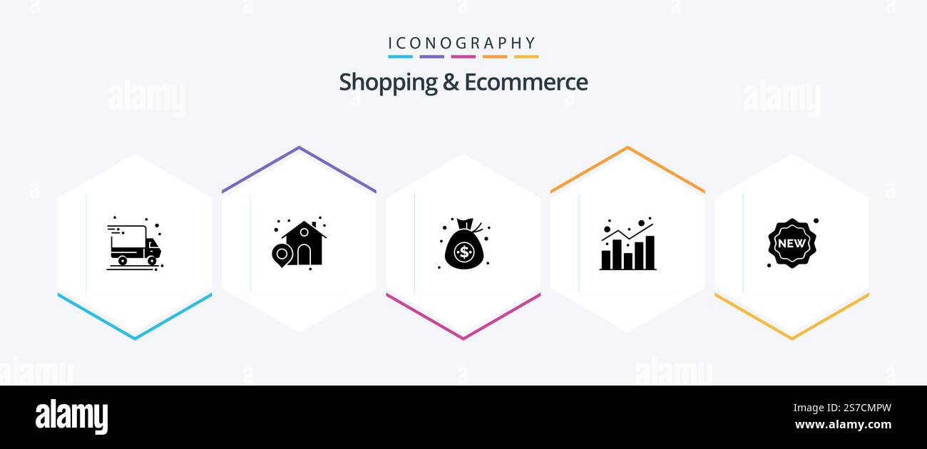 Shopping und E-Commerce 25-Glyph-Icon-Paket inklusive neu. Dienstmarke. Dollar. Statistik. Bericht Stock Vektor