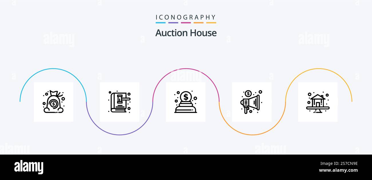 Auction Line 5 Icon Pack inklusive Home. Handel. Gesetzbuch. Megafon. Werbung Stock Vektor