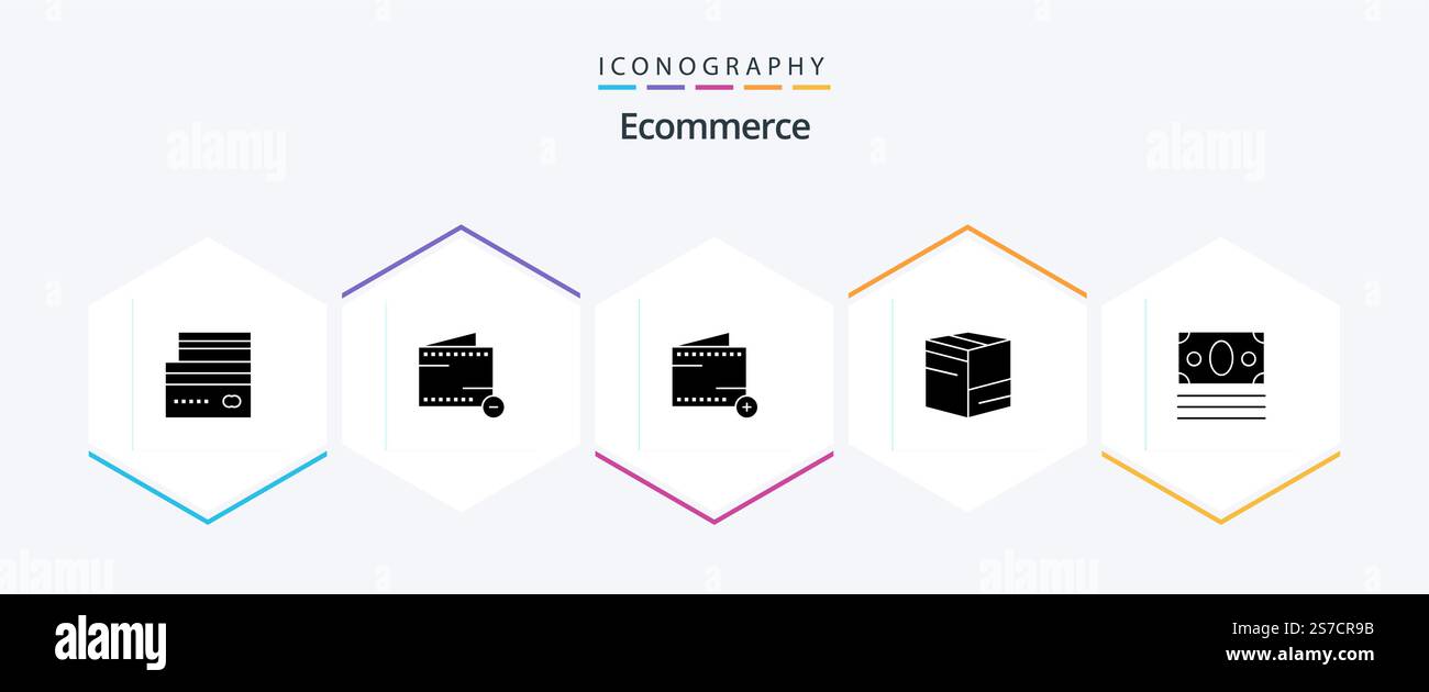 E-Commerce 25 Glyph-Symbolpaket einschließlich E-Commerce. Lieferung. Brieftasche. Handel. Brieftasche Stock Vektor
