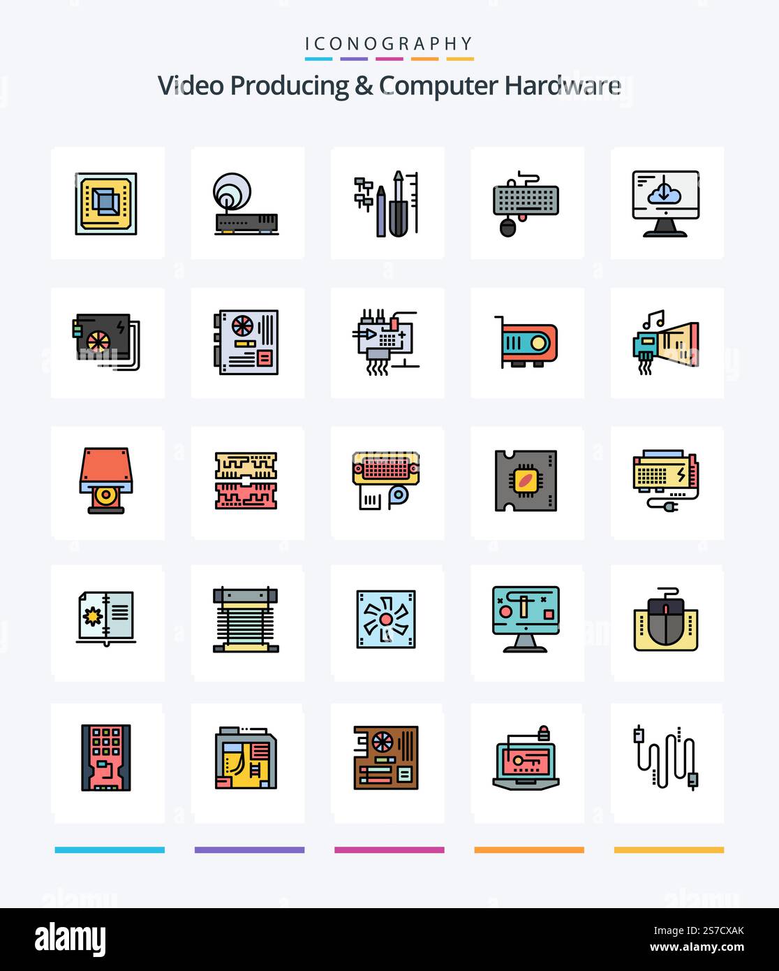 Creative Video Production und Computer Hardware 25 Line Filled Symbolpaket, z. B. obsolete. Tastatur. Netzwerk. Schnittstelle. Ausrüstung Stock Vektor