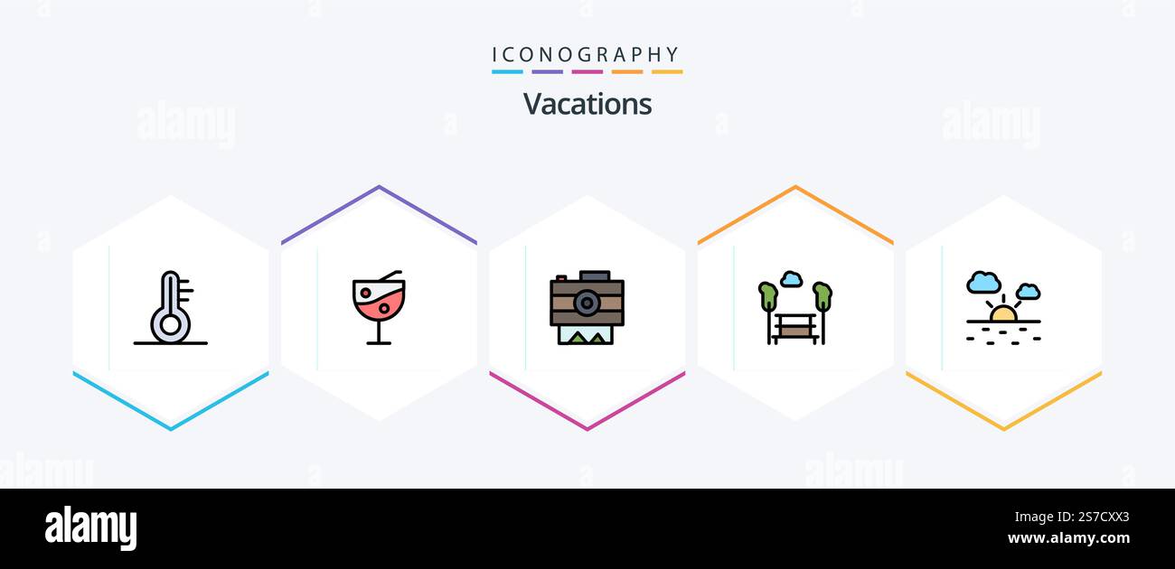 Vacations 25 FilledLine Symbolpaket mit . Warm. nocken- Wolke. Anzeigen Stock Vektor