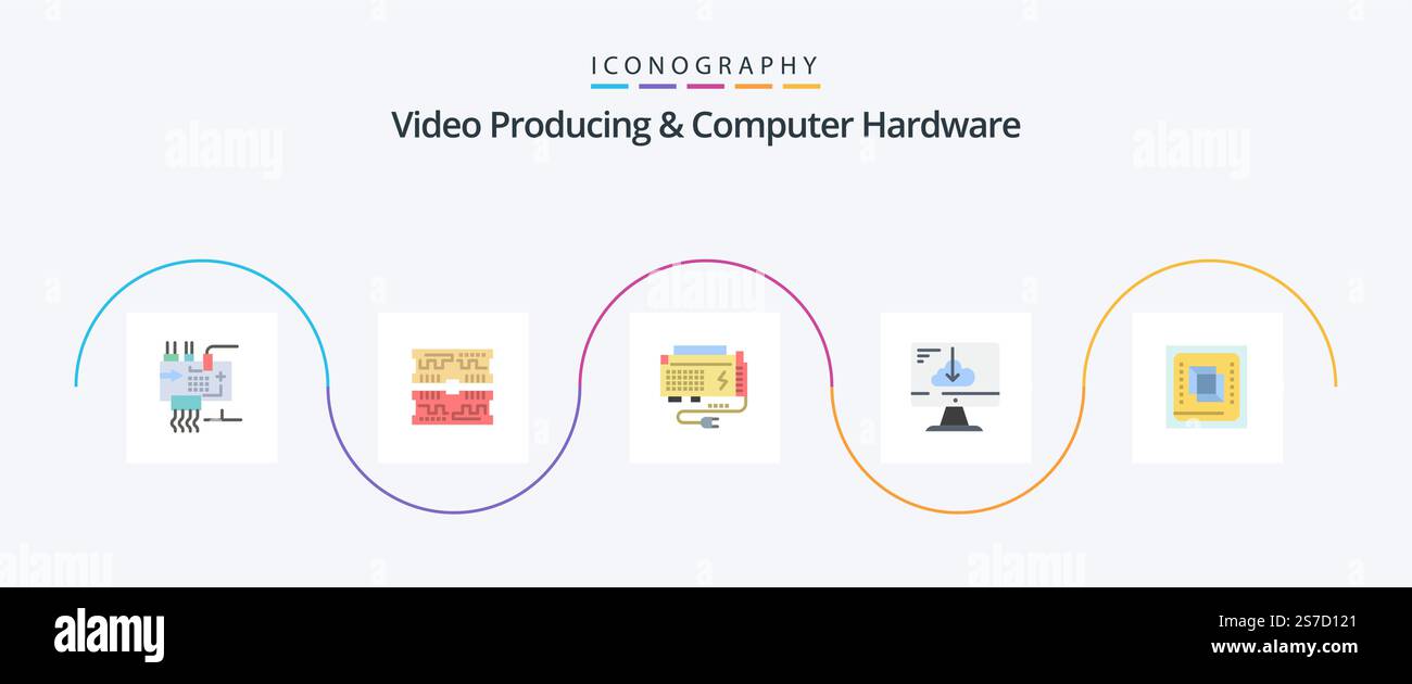 Videoproduktion und Computer-Hardware Flat 5 Symbolpaket einschließlich Installation. Herunterladen. dimm Wolke. Macht Stock Vektor