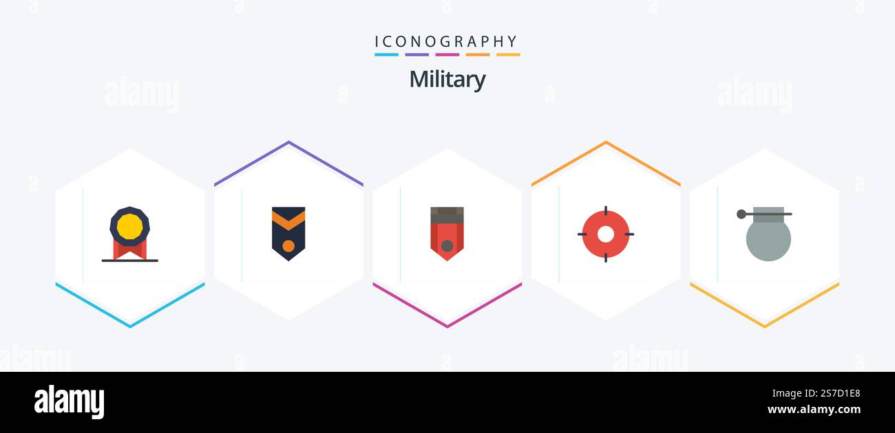 Militärisches 25 Flat Icon Pack mit Armee. Position. Dienstmarke. Militär. Streifen Stock Vektor