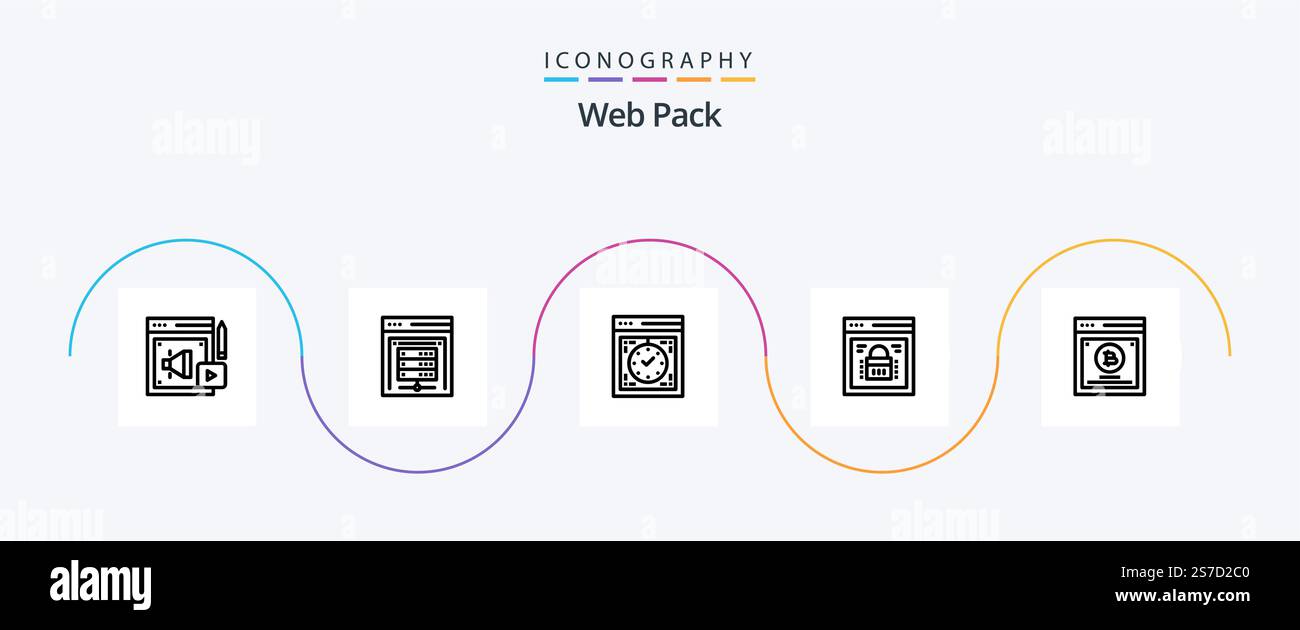 Web Pack Line 5 Icon Pack einschließlich Web-Sicherheit. Geschützter Browser. Computer. Seitensperre. Web Stock Vektor