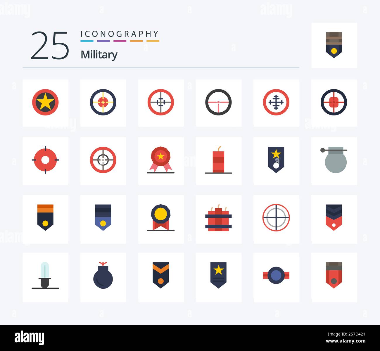 Militärisches 25 Flat Color Icon Pack mit Auszeichnung. Dienstmarke. Ein Soldat. Die Armee. Position Stock Vektor Militärisches 25 Flat Color Icon Pack mit Auszeichnung. Dienstmarke. Ein Soldat. Die Armee. Position Stock Vektor