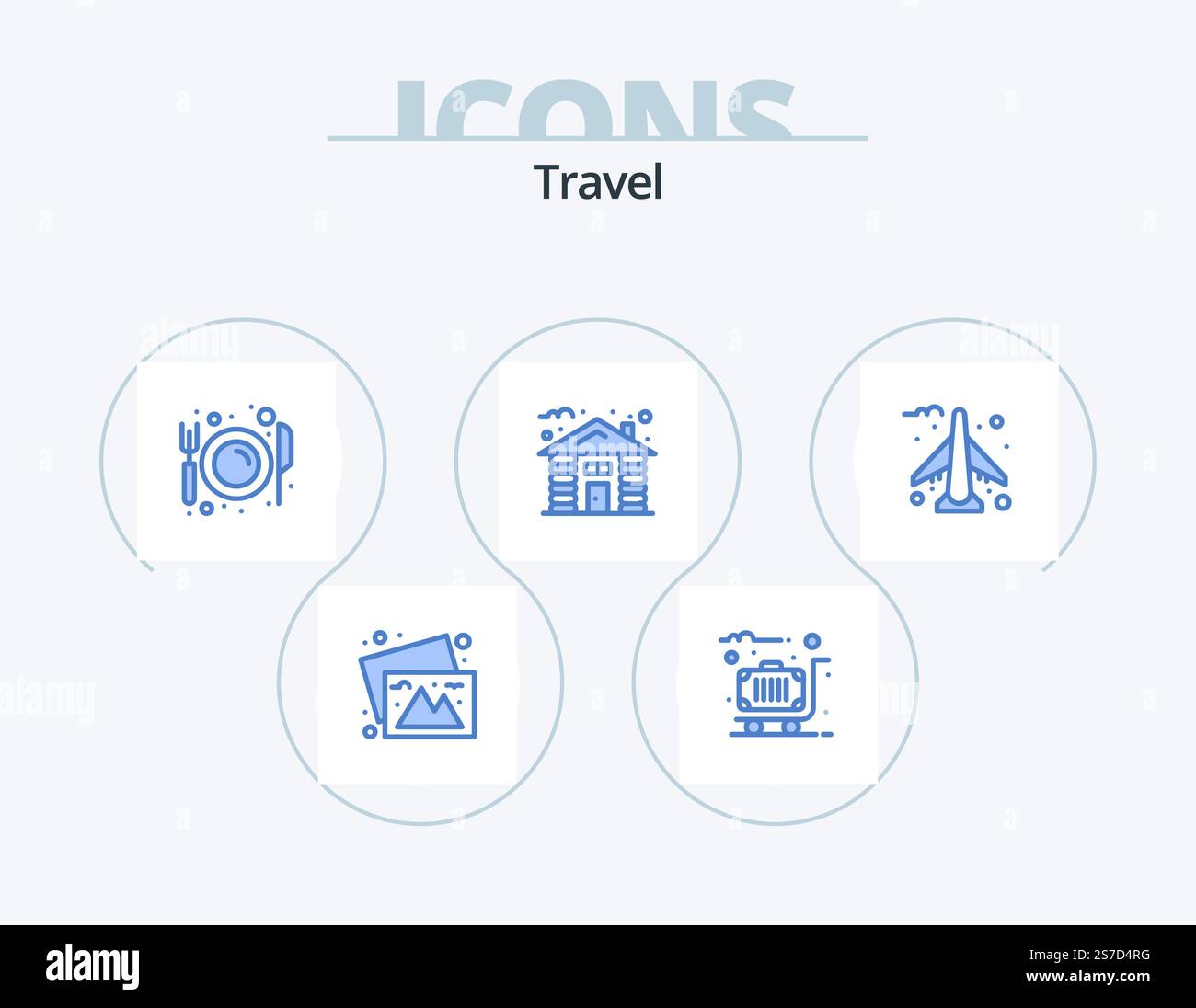 Travel Blue Icon Pack 5 Icon Design. Flugzeug. Achtung. Essen. Haus. Restaurant Stock Vektor