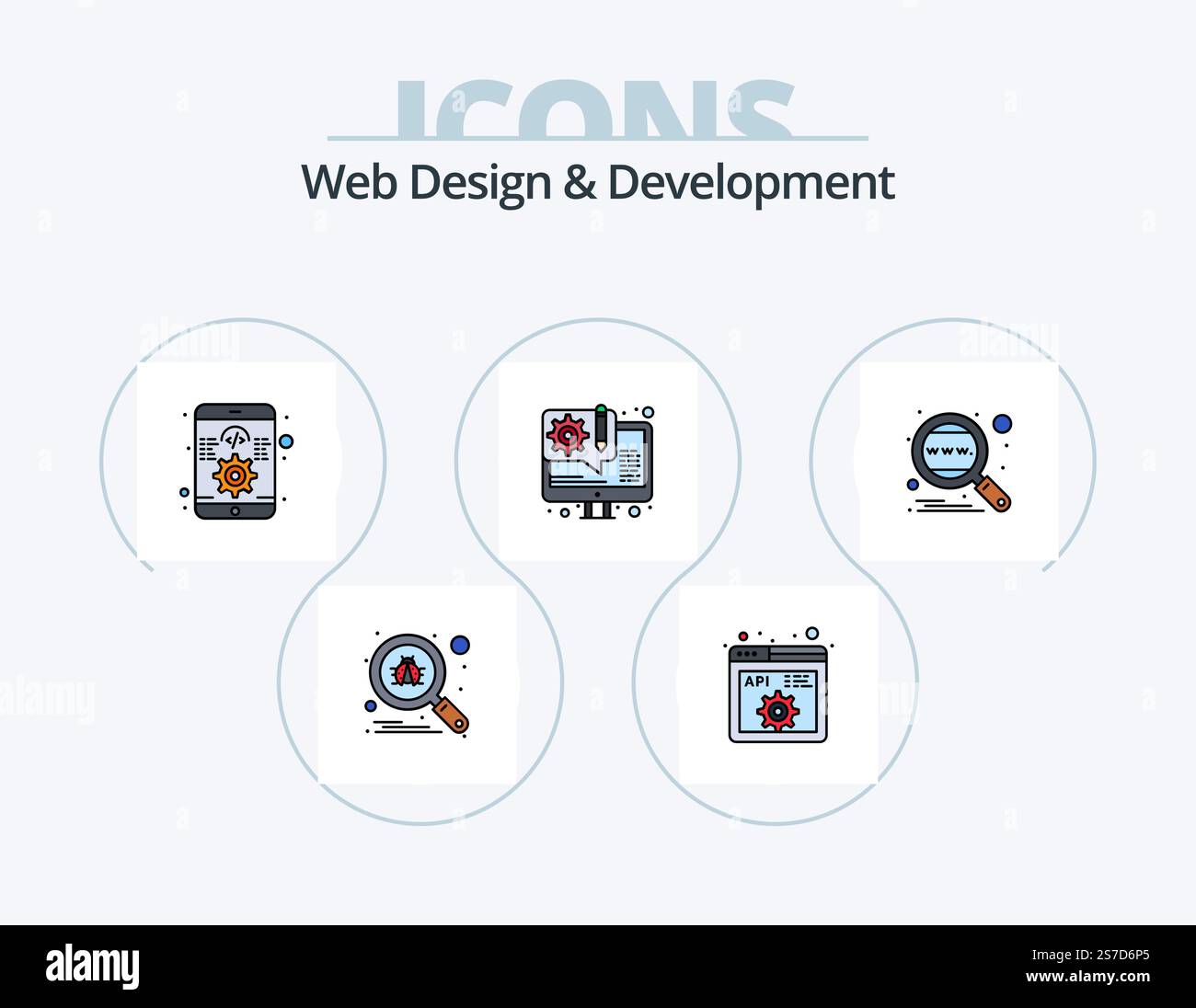 Webdesign Und Entwicklungslinie Gefüllt Icon Pack 5 Icon Design. Kodierung. Kontakte. Glühlampe. Lesezeichen. Licht Stock Vektor