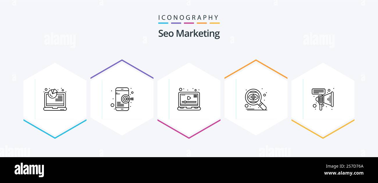 SEO Marketing 25 Line Symbolpaket mit Megafon. Auge. Medien. Zielerfassung. suchen Stock Vektor