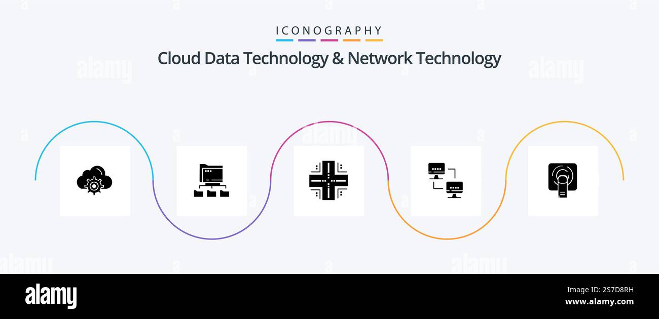 Cloud Data Technology und Network Technology Glyph 5 Icon Pack inklusive Finger . Wird berechnet. Wird berechnet. Netzwerk. Server Stock Vektor