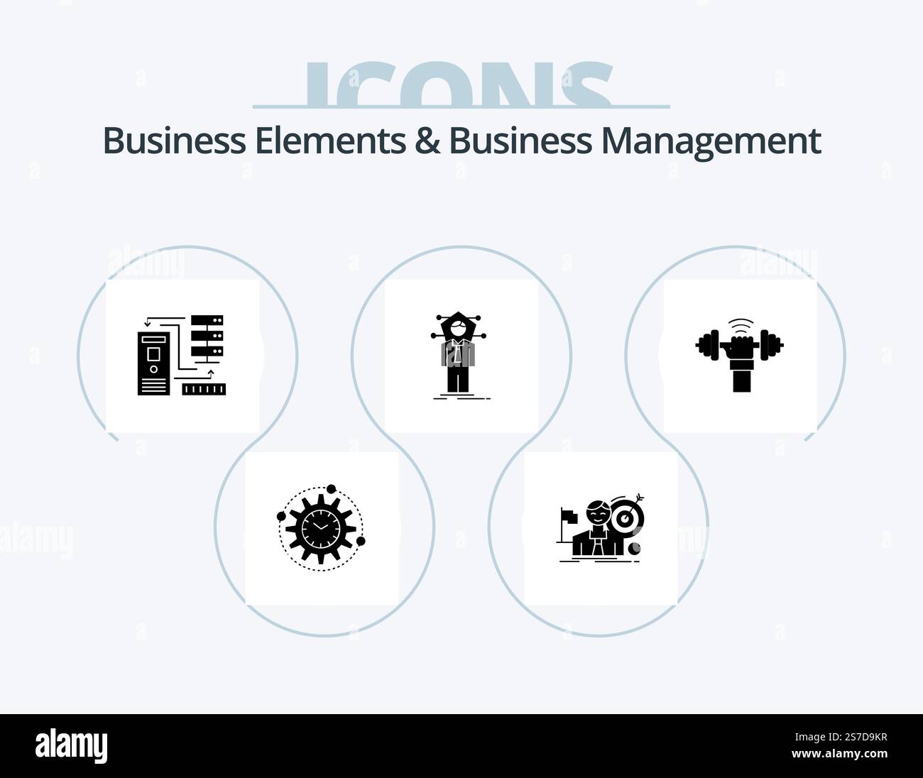 Business Elements And Business Management Glyph Icon Pack 5 Icon Design. Menschlich. Geschäftlich. Markt. Informationen. Datenbank Stock Vektor