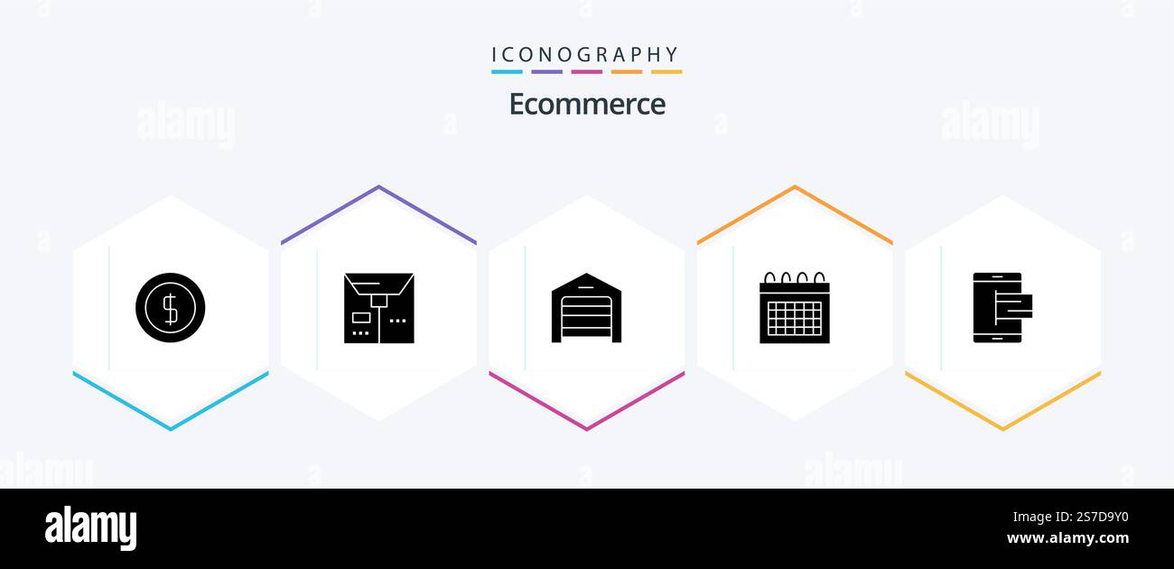 E-Commerce 25 Glyph-Symbolpaket einschließlich Mobilgerät. Handel. Garage. Zeit. Datum Stock Vektor