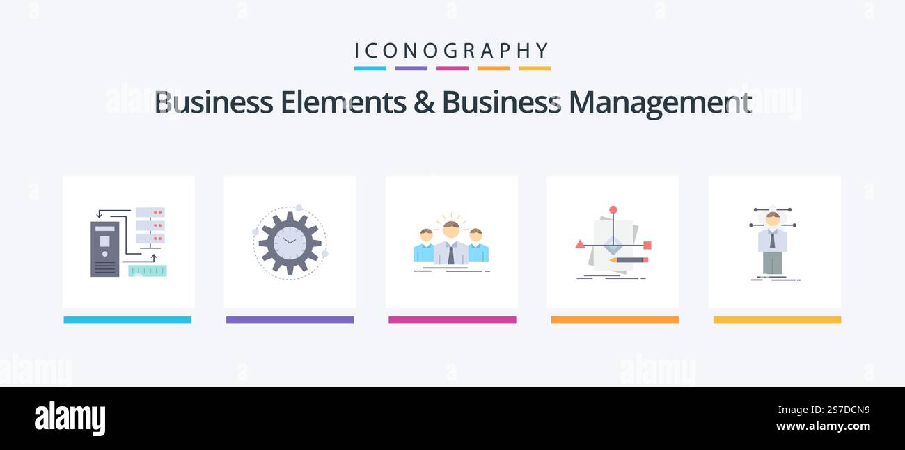 Business Elements und Business Management Flat 5 Icon Pack einschließlich Foretelling. Algorithmus. Produktivität. Hinweislinie. Mitarbeiter. Kreatives Symboldesign Stock Vektor
