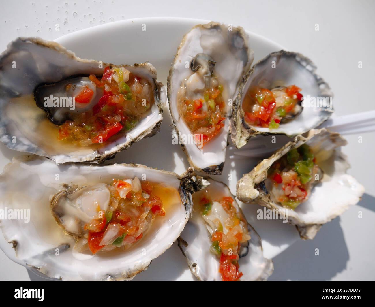 Gedämpfte Austern mit Gemüse und Essig in den Schalen. Gourmet-Teller mit Meeresfrüchten. Stockfoto