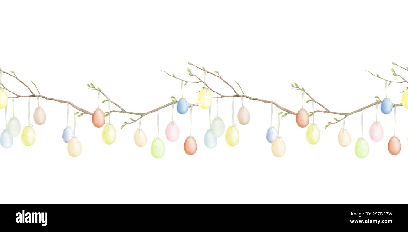 Ostereier an Fäden, die an einem Zweig hängen. Nahtloser horizontaler Rahmen. Digitale Illustration mit Aquarell. Frühlingszweige mit grünen Knospen, isoliert Stockfoto
