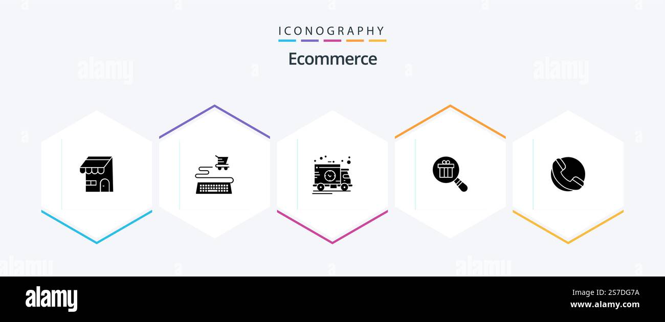 E-Commerce 25 Glyph-Icon-Paket inklusive Shop. e-commerce. Zeit. Einkaufen. Geschenk Stock Vektor