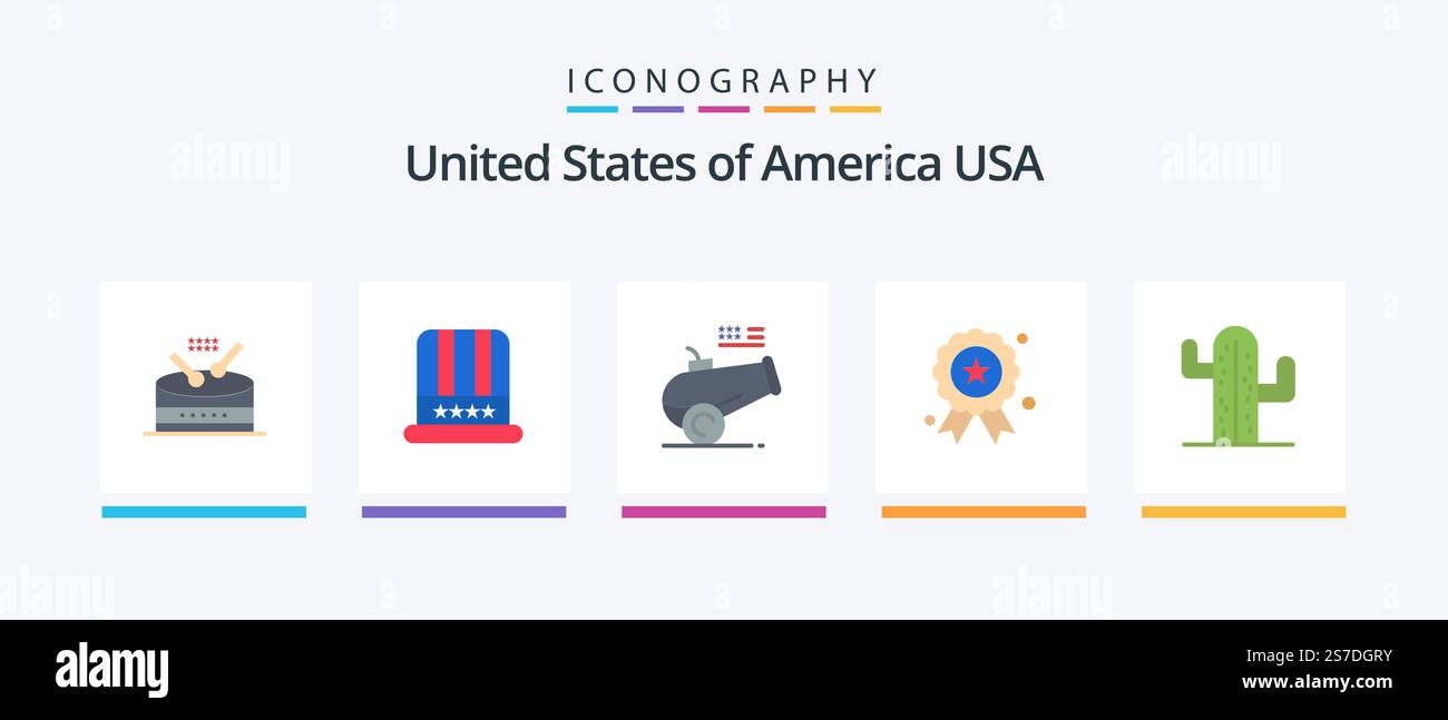 USA Flat 5 Icon Pack inklusive usa. Eine Medaille. Eine große Waffe. Unabhängigkeitstag. Feiertage. Kreatives Symboldesign Stock Vektor