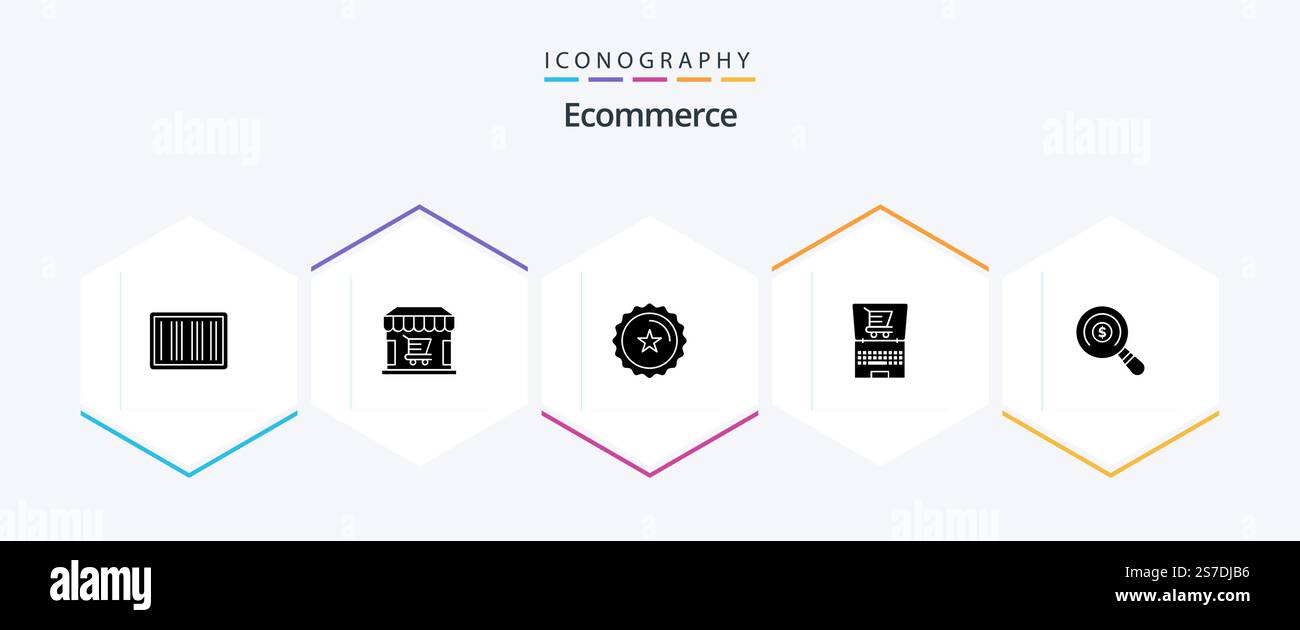 E-Commerce 25-Glyph-Symbolpaket einschließlich Markt. Einkaufen. Dienstmarke. e-commerce. Online Stock Vektor