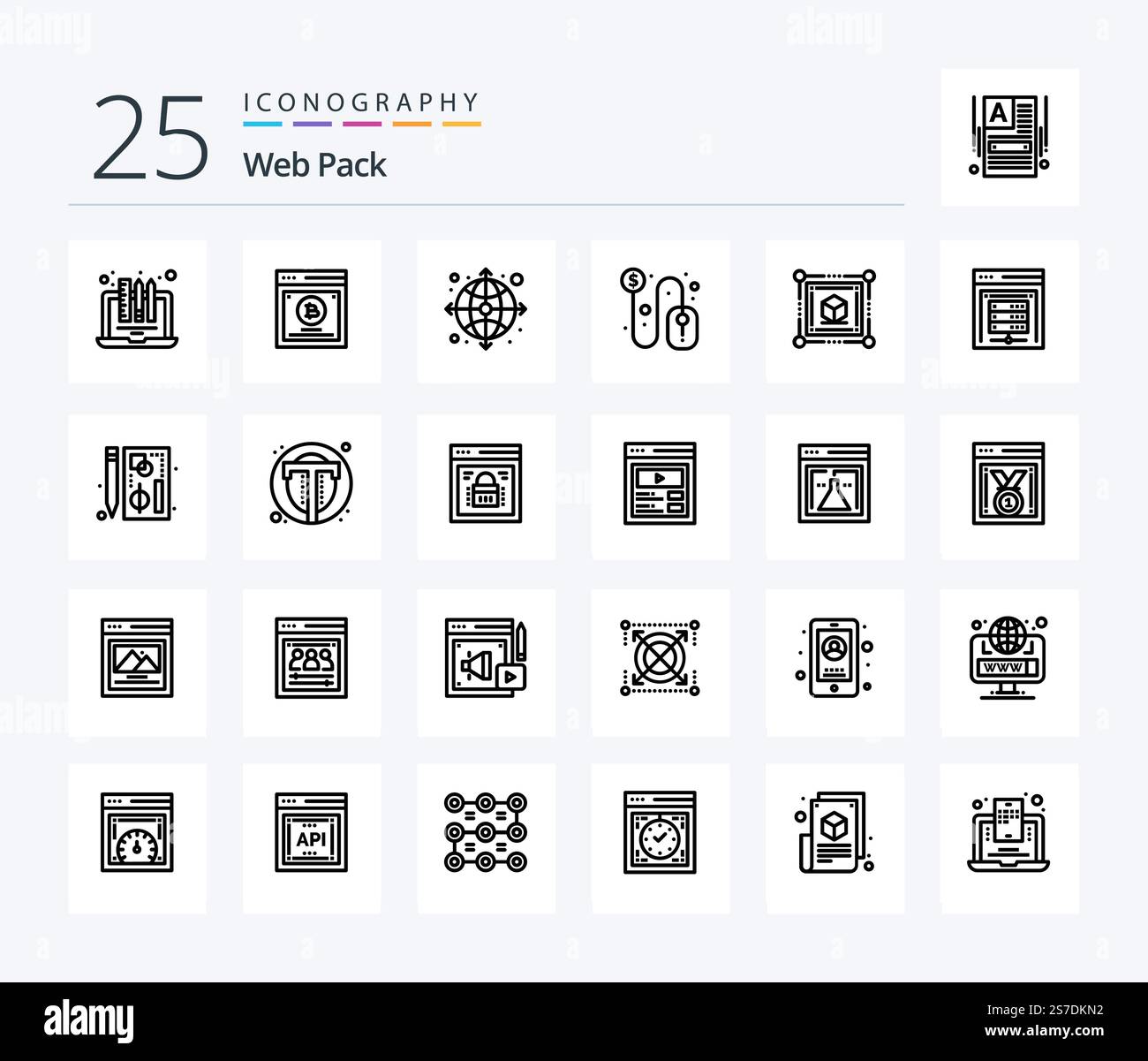 Webpaket 25 Zeile Symbolpaket mit d. Dollarzeichen. Split-Tests. Dollar. Web Stock Vektor