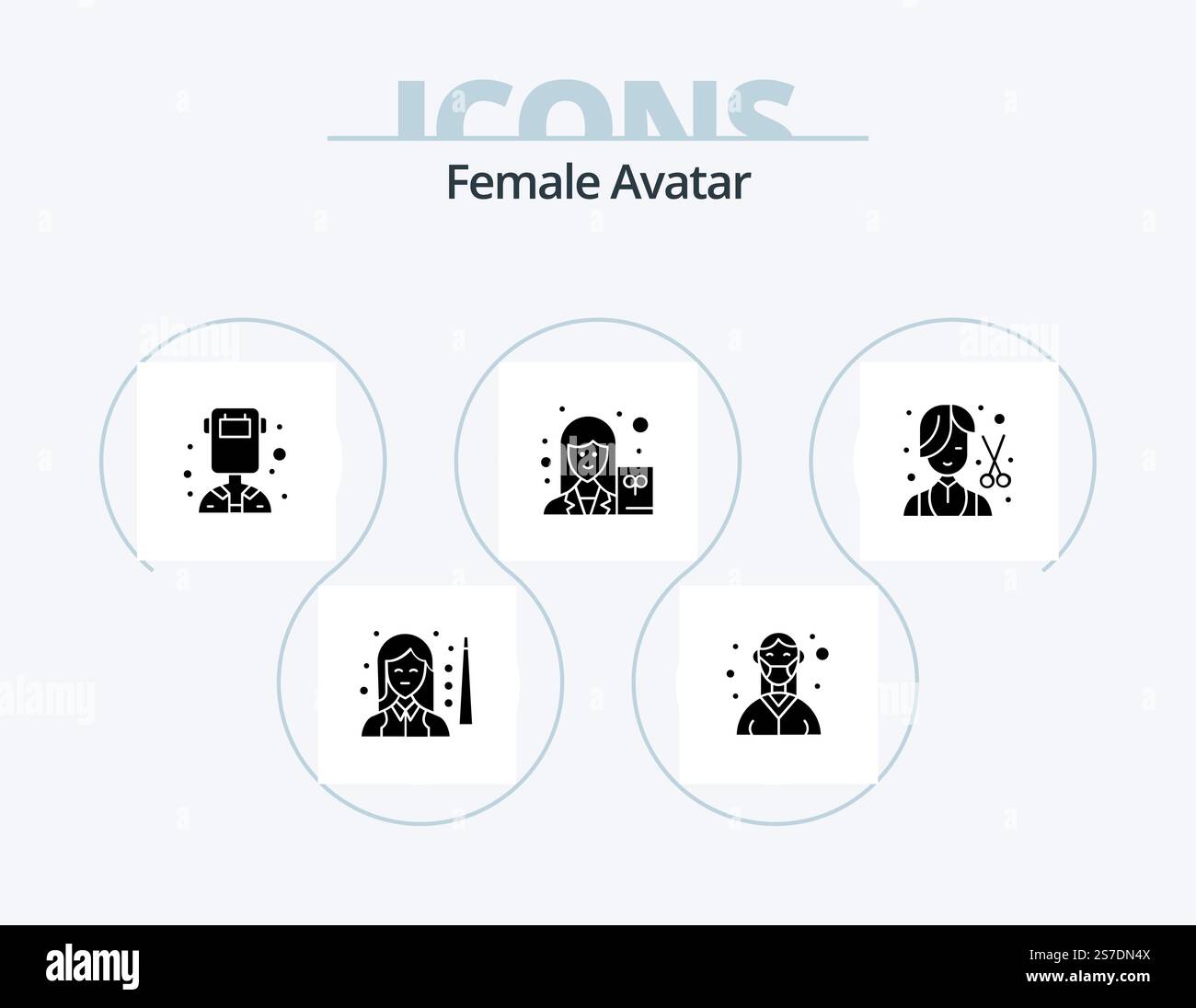 Avatar Glyph Icon Pack 5 Für Damen Icon-Design. Schriftsteller. Wissenschaftler. Medizinisch. Weiblich. Beruf Stock Vektor