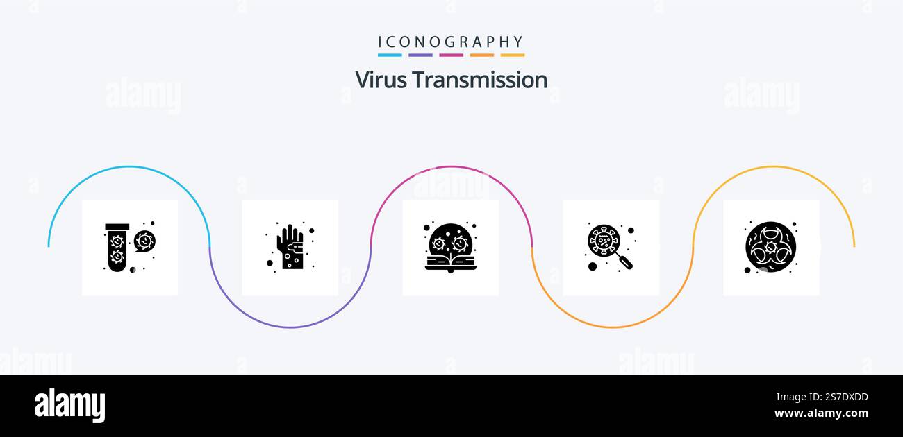 Virus Transmission Glyph 5 Symbolpaket einschließlich Gefahr. Schnittstelle. Bildung. Glas. Scannen Sie den Virus Stock Vektor