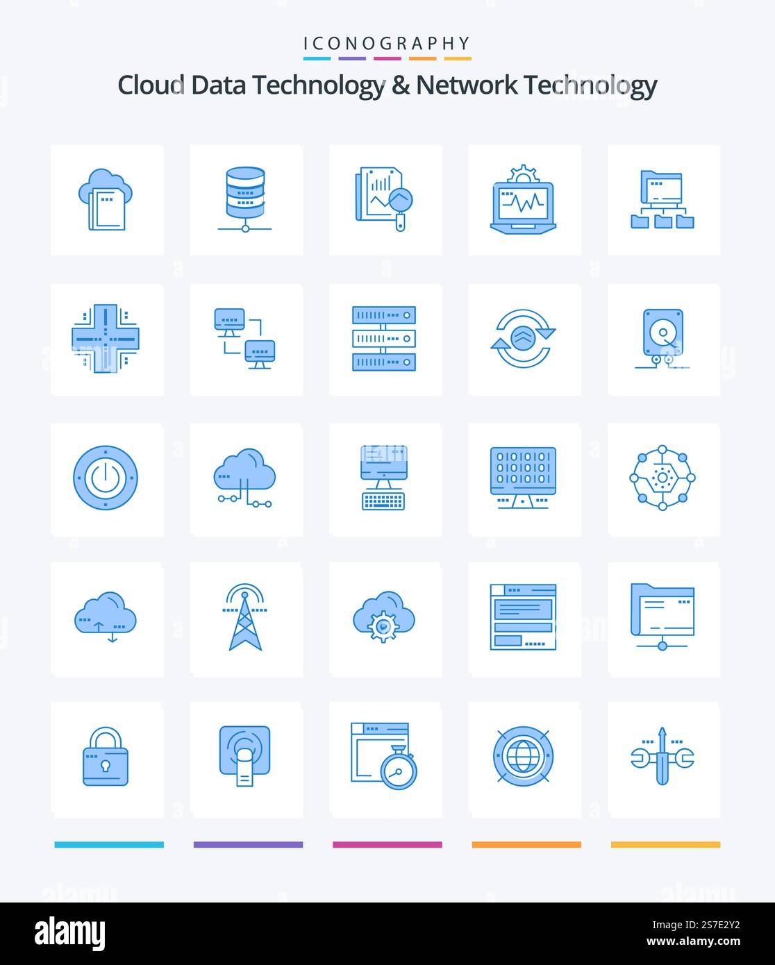 Creative Cloud Data Technology und Network Technology 25 Blue Symbolpaket wie Ordner. Wird berechnet. Datei. Einstellung. Notebook Stock Vektor