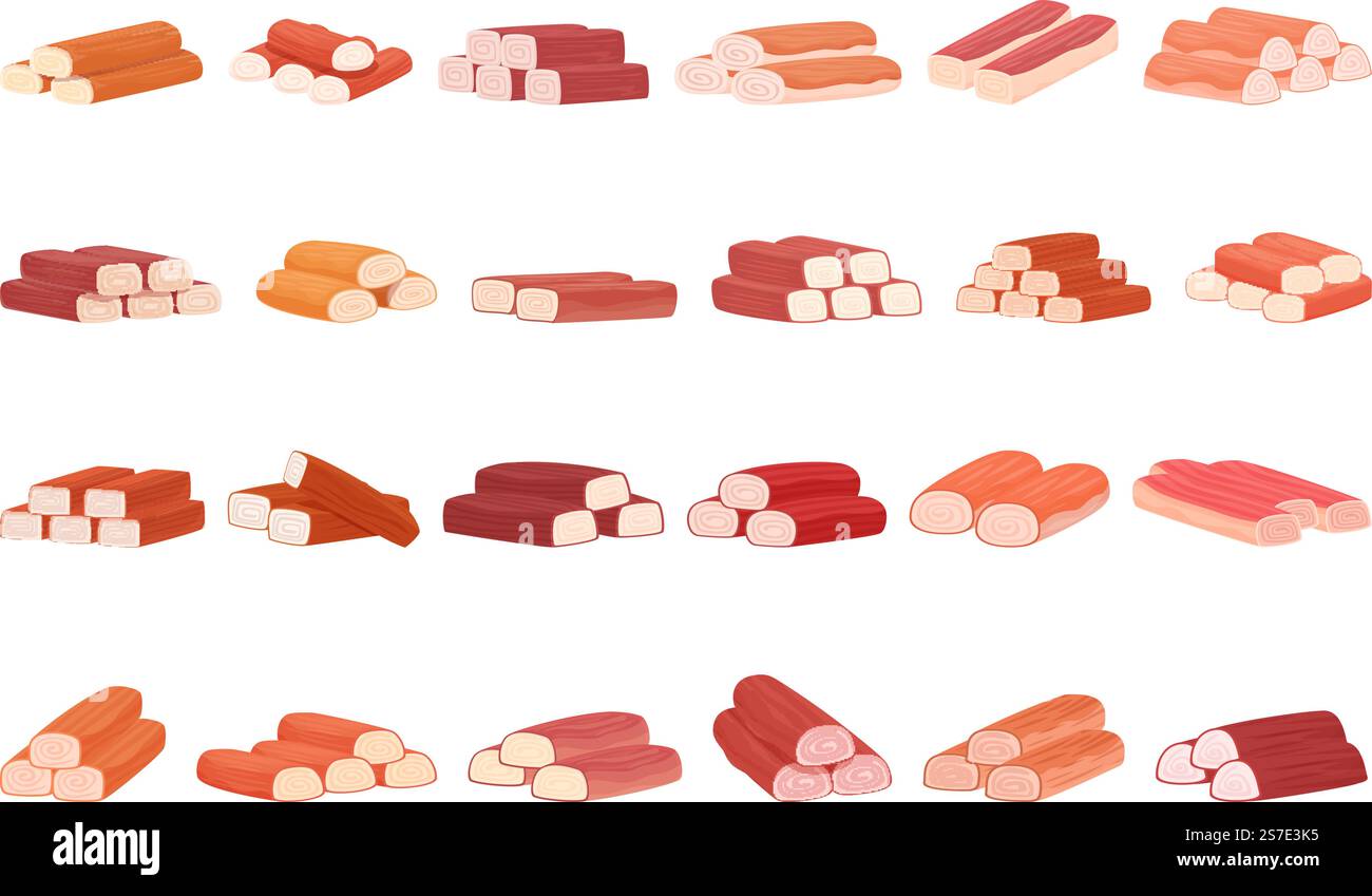 Krabben-Sticks-Symbole setzen Cartoon-Vektor. Meeresfrüchte. Fischzucht. Krabben-Sticks-Symbole setzen Cartoon-Vektor. Meeresfrüchte Stock Vektor