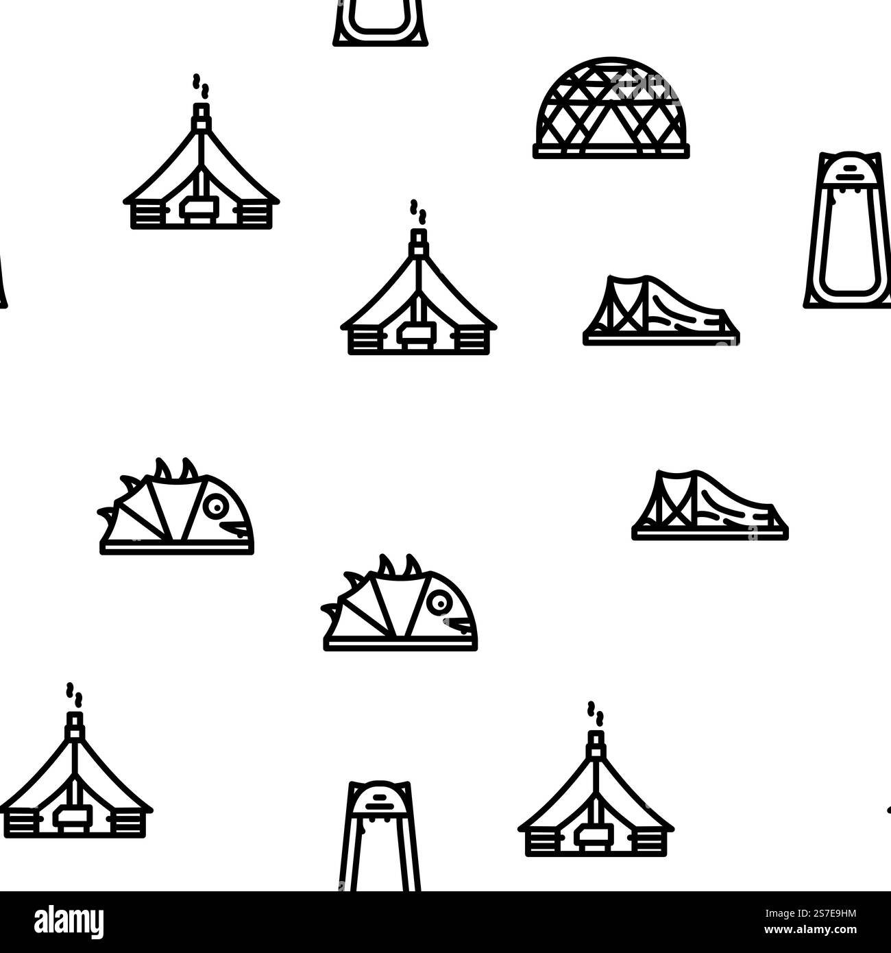 Zelt-Ausrüstung Tourismus Vektor nahtlose Muster dünne Linie Illustration. Nahtloses Muster des Zeltausrüstungs-Tourismus-Vektors Stock Vektor