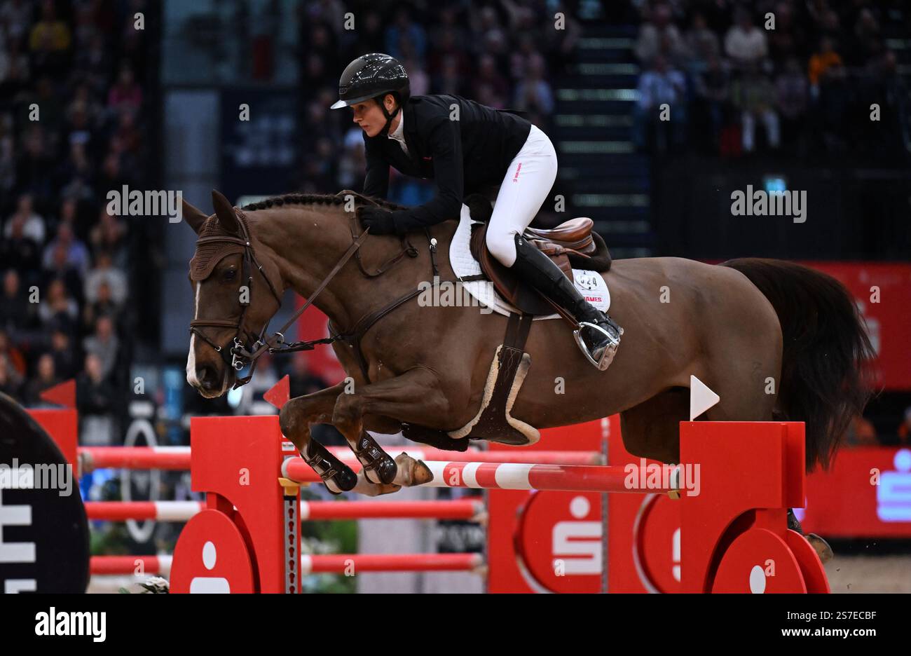 19. Januar 2025, Sachsen, Leipzig: Pferdesport/Springen, Weltmeisterschaft, Springturnier mit Sprungbrett. Katrin Eckermann aus Deutschland reitet mit Iron Dames Cala Mandia NRW durch den Kurs. Foto: Hendrik Schmidt/dpa Stockfoto