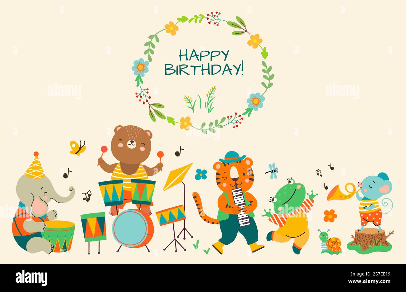 Geburtstagsparty niedliches Dschungeltier Banner. Musik-Feier Tiere, Feiertagshintergrund. Bär Tiger Elefant spielen Musikinstrumente, Kinder Vektor Zeichen Dschungel Party Geburtstagsillustration. Geburtstagsparty niedliches Dschungeltier Banner. Musik-Feier Tiere, Feiertagshintergrund. Bär Tiger Elefant spielt Musikinstrumente, heute Kinder Vektorfiguren Stock Vektor