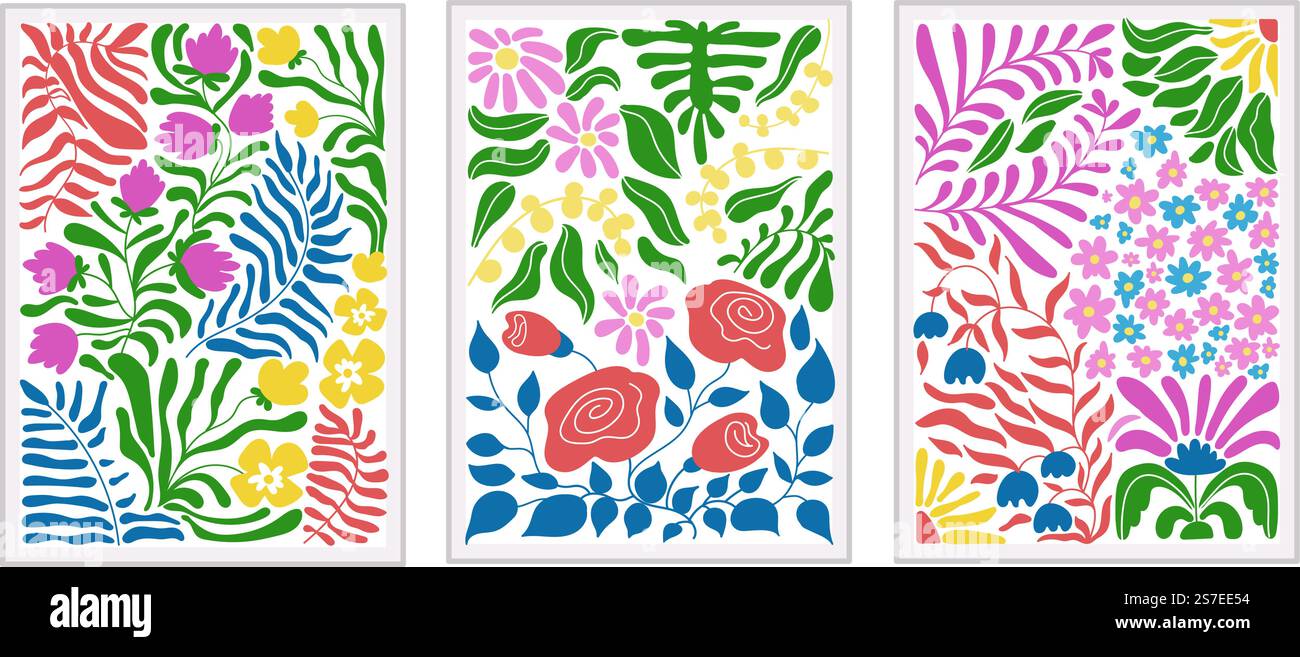 Moderne Wandplakate mit Doodle-Blumen. Abstrakte, trendige Einrichtung im matisse-Stil. Naiver farbiger botanischer Blumenhintergrund. Minimale anständige Vektorvorlagen. Illustration einer trendigen Blume zeitgenössisch. Moderne Wandplakate mit Doodle-Blumen. Abstrakte, trendige Einrichtung im matisse-Stil. Naiver farbiger botanischer Blumenhintergrund. Minimale anständige Vektorvorlagen Stock Vektor