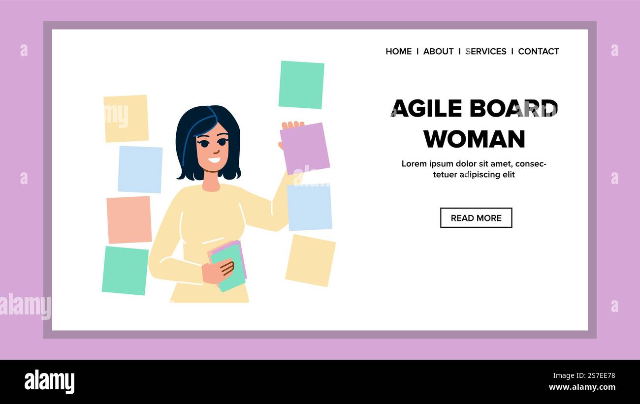 Vektor der agilen Board-Frau. scrum Business, Team Kanban, Arbeitsentwicklung, Aufgabenprojekt, Prozessmethodik Agile Board Frau Web Flat Cartoon Illustration. Vektor der agilen Board-Frau Stock Vektor