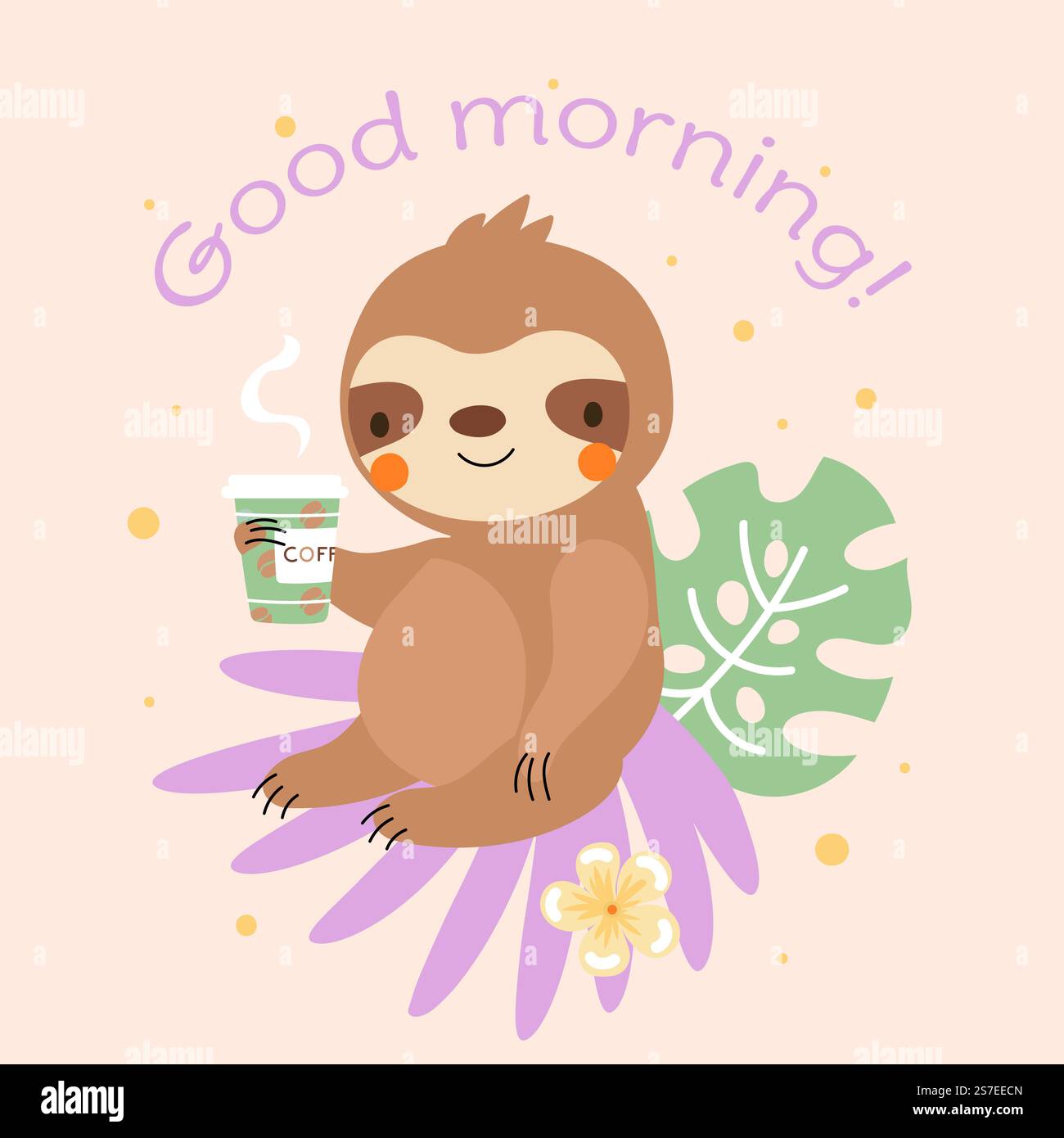 Faultier- und Kaffeemuster. Wildes Tier umarmt Tasse Kaffee und Nachricht Guten Morgen. Neuer Tagesbeginn, fauler positiver heutiger Vektorcharakter der tierischen lustigen Grußkarte Illustration. Faultier- und Kaffeemuster. Wildes Tier umarmt Tasse Kaffee und Nachricht Guten Morgen. Neuer Tagesanfang, fauler positiver Vektorcharakter Stock Vektor