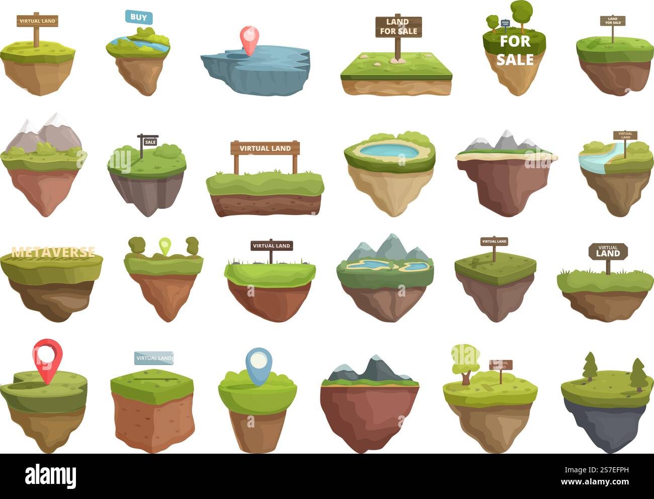 Metaverse Land Icons setzen Cartoon Vektor. VR-Eigenschaft. Verkauf von Raumfahrzeugen. Metaverse Land Icons setzen Cartoon Vektor. VR-Eigenschaft Stock Vektor