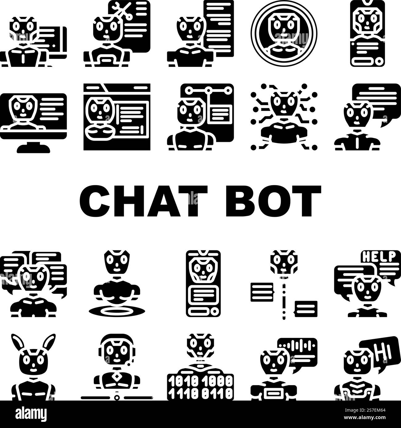 Chat-Bot-Roboter-Service-Symbole legen den Vektor fest. KI-Chatbot, mobiles digitales, Online-Support, Technologie-App, Hilfe-Telefon, Illustrationen von Symbolen für den Kunden-Chat-Bot-Roboter-Service. Chat-Bot-Roboter-Service-Symbole legen den Vektor fest Stock Vektor