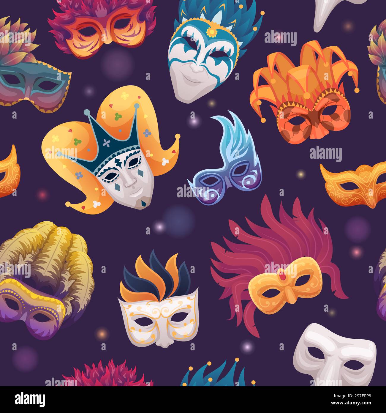 Maskenmuster. Venezianische maskierte Karneval Gesichter exakter nahtloser Vektor-Hintergrund für Mode-Textildesign-Projekt. Illustration des venezianischen mardi nahtlos. Maskenmuster. Venezianische maskierte Karneval Gesichter exakter nahtloser Vektor-Hintergrund für Mode-Textildesign-Projekt Stock Vektor