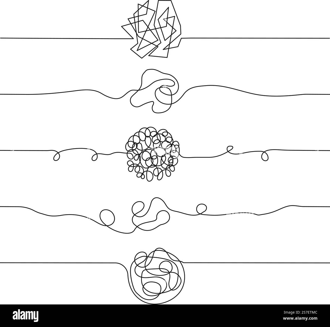 Verwirrte Kritzeleien, Chaos-Linien, nahtlose Grenzen. Verwirrung und kompliziertes Denken. Unordentliche Fadenkugel, schwieriger unordentlicher Pfad, anständiges Vektorkonzept. Illustration einer minimalistischen Scribble-Figur. Verwirrte Kritzeleien, Chaos-Linien, nahtlose Grenzen. Verwirrung und kompliziertes Denken. Unordentliche Fadenkugel, schwieriger unordentlicher Pfad, anständiges Vektorkonzept Stock Vektor