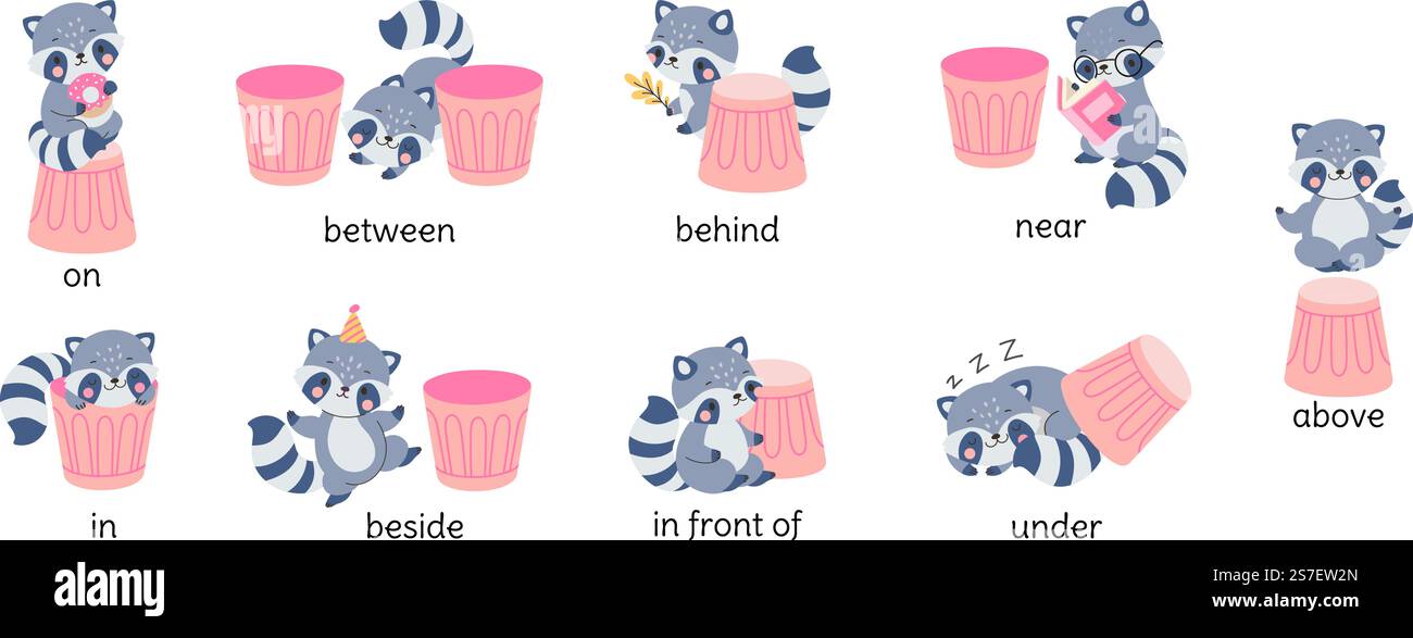 Lernen Sie englische Präpositionen mit Waschbär. Süße Waschbären dahinter, unter dem Mülleimer. Vorschulkinder Grammatikplakat, heutzutage Bildungs-Vektor-Banner für Bildung englische Illustration. Lernen Sie englische Präpositionen mit Waschbär. Süße Waschbären dahinter, unter dem Mülleimer. Grammatikplakat für Vorschulkinder, heute Bildungs-Vektor-Banner Stock Vektor