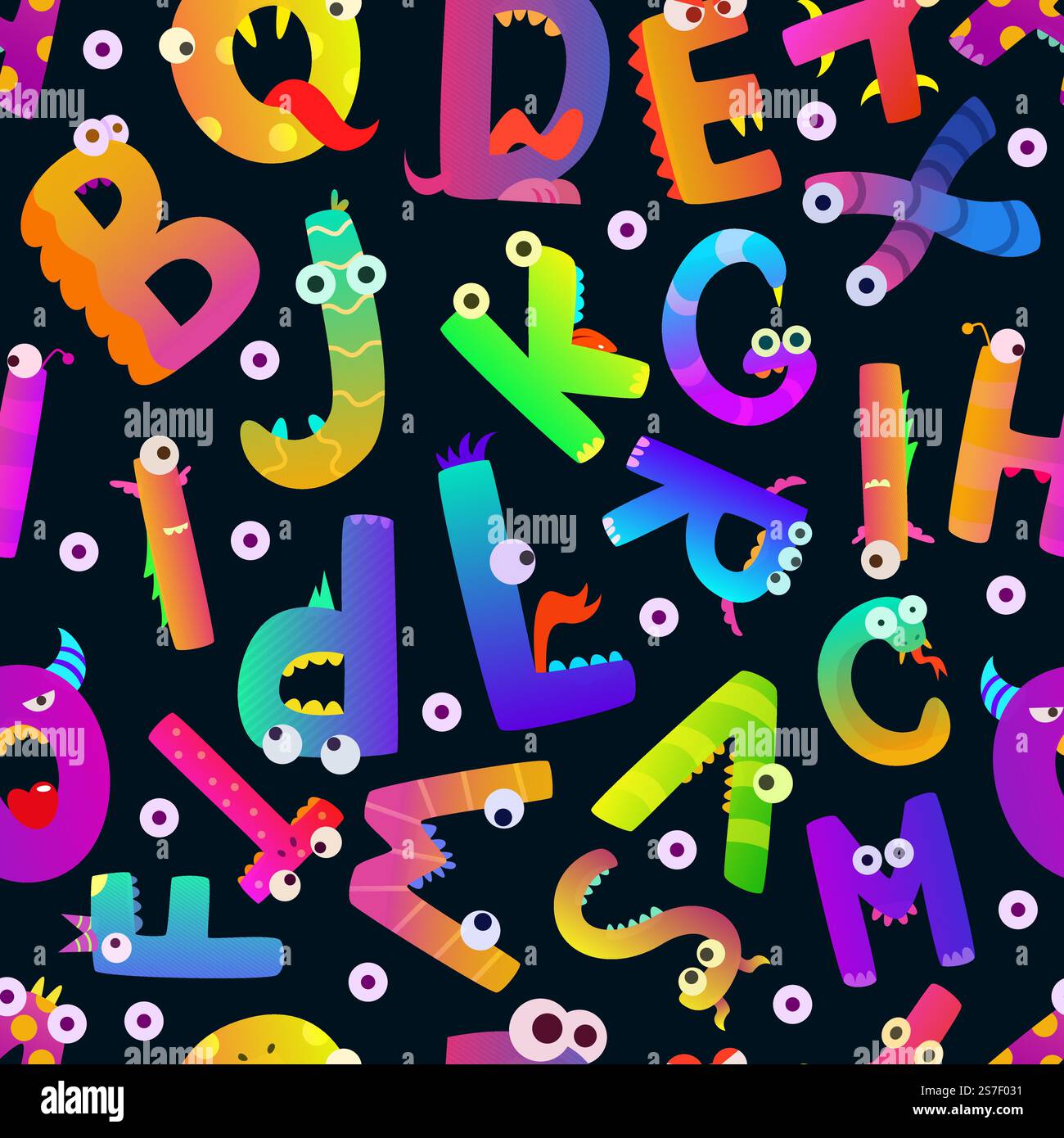 Lustiges Alphabetmuster. Gruselige Buchstaben und Zeichen auf verschiedenen Symbolen. Nahtloser Vektor-Hintergrund. Alphabet lustige Muster Typografie Illustration. Lustiges Alphabetmuster. Gruselige Buchstaben und Zeichen auf verschiedenen Symbolen. Nahtloser Vektor-Hintergrund Stock Vektor