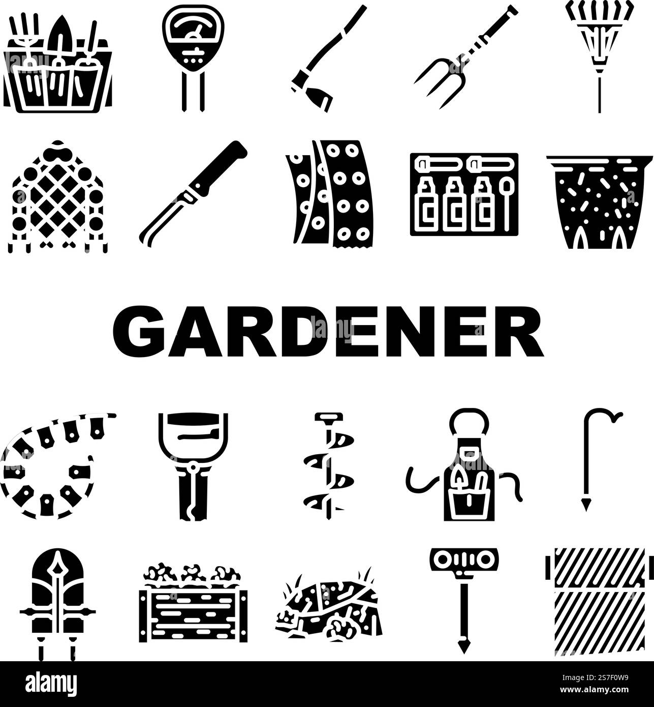 Garten Pflanze Baum Natur Samen Symbole setzen Vektor. Pflegeschaufel, Wasserrechen, Keimling Bio, Blumenzucht, Grastopf, Schlauch Garten Pflanze Baum Natur Samen Glyph Piktogramme Illustrationen. Garten Pflanze Baum Natur Samen Symbole setzen Vektor Stock Vektor