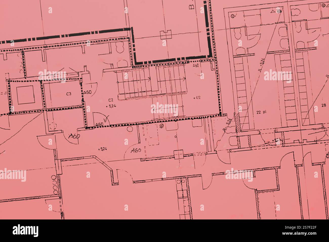 Architektonischer Hintergrund. Teil des Architekturprojekts, Architekturplan eines Büros Stockfoto